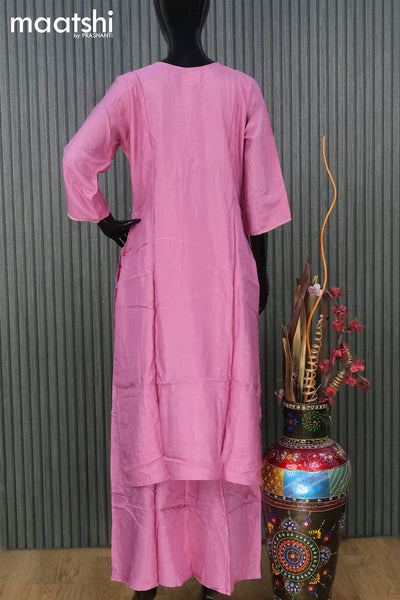 Raw silk readymade party wear salwar suit pink shade with zardosi work v neck pattern and straight cut pant & dupatta