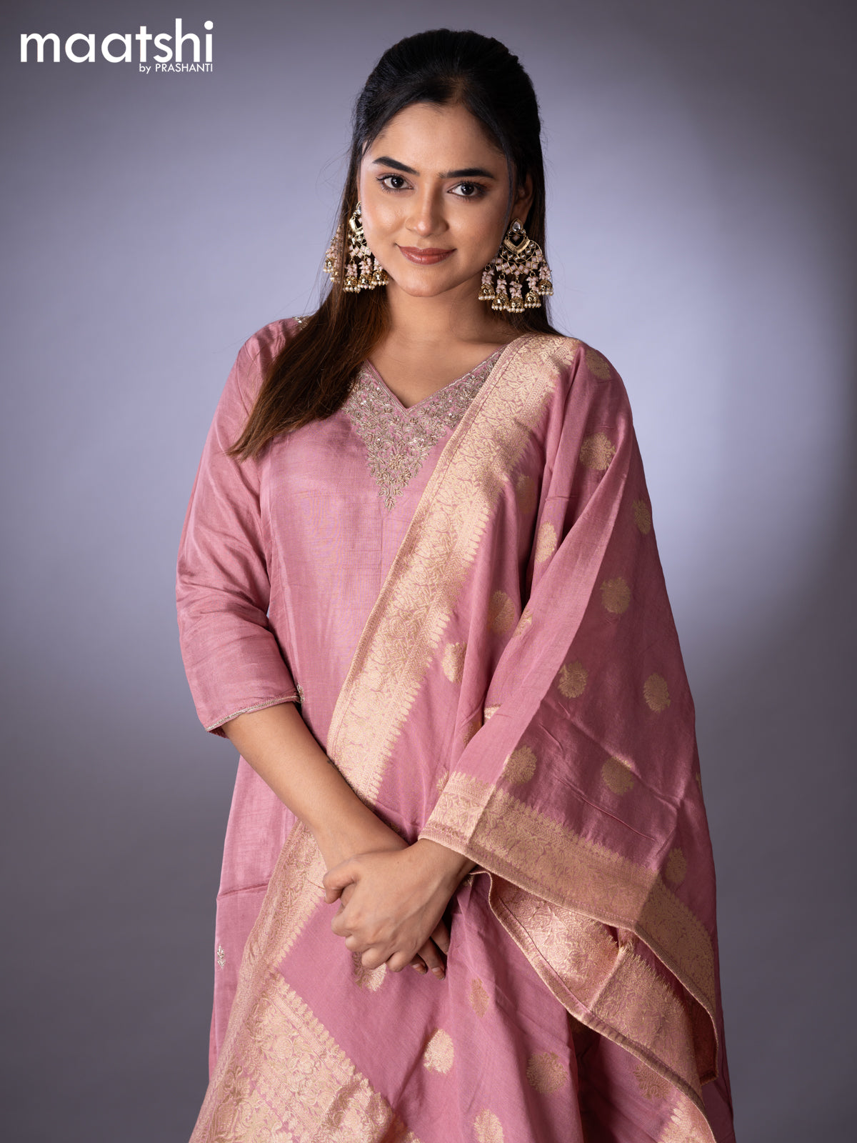 Raw silk readymade party wear salwar suit pink shade with zardosi work v neck pattern and straight cut pant & dupatta