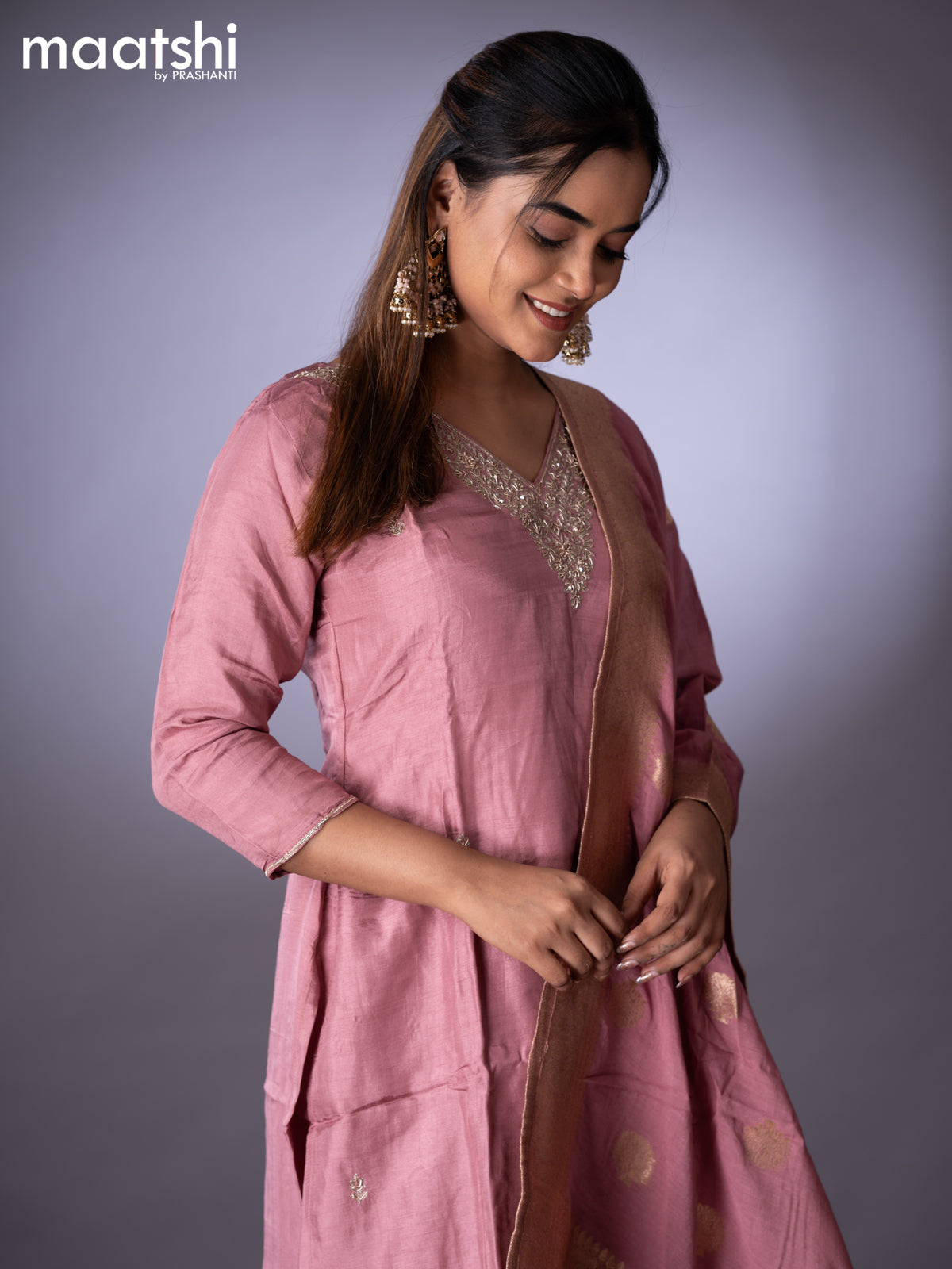 Raw silk readymade party wear salwar suit pink shade with zardosi work v neck pattern and straight cut pant & dupatta