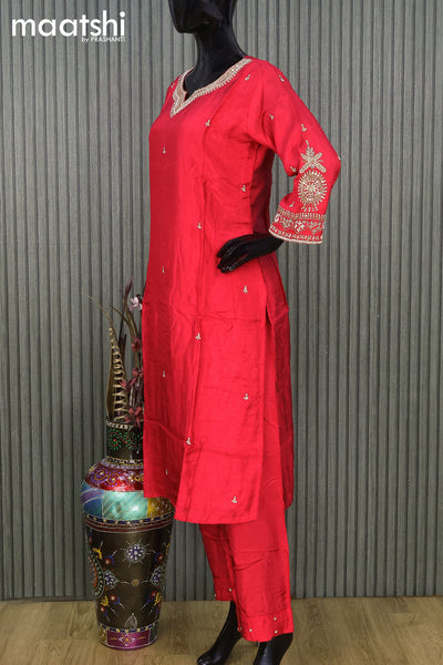 Raw silk readymade party wear salwar suit red with embroidery & beaded work neck pattern and straight cut pant & dupatta