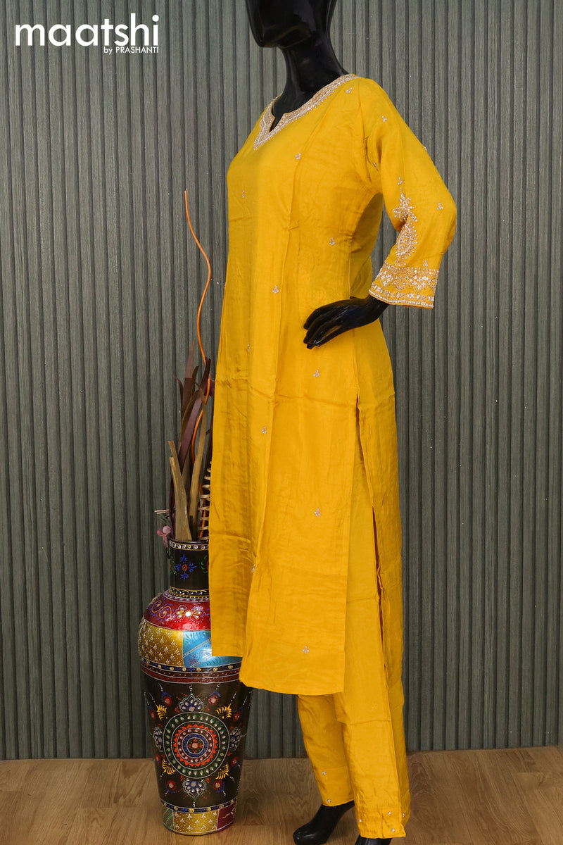 Raw silk readymade party wear salwar suit mustard yellow with zardosi work v neck pattern and straight cut pant & dupatta