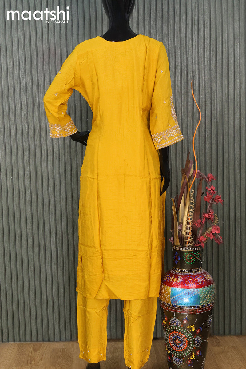 Raw silk readymade party wear salwar suit mustard yellow with zardosi work v neck pattern and straight cut pant & dupatta