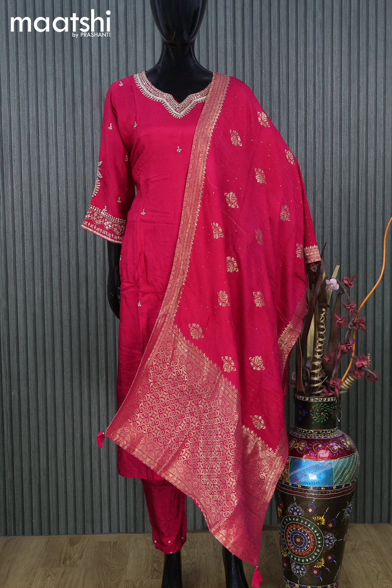 Raw silk readymade party wear salwar suit pink with zardosi work v neck pattern and straight cut pant & dupatta