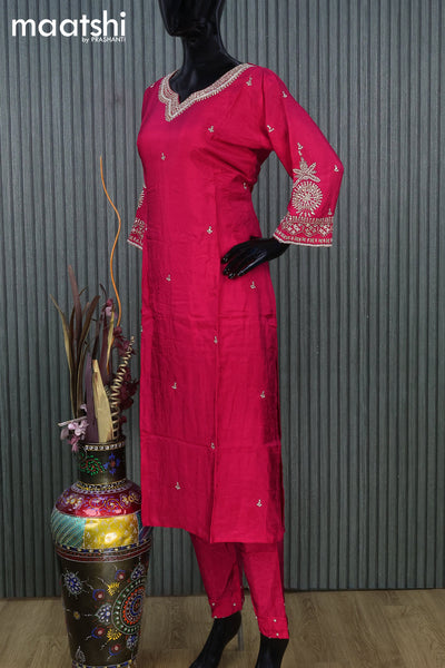 Raw silk readymade party wear salwar suit pink with zardosi work v neck pattern and straight cut pant & dupatta
