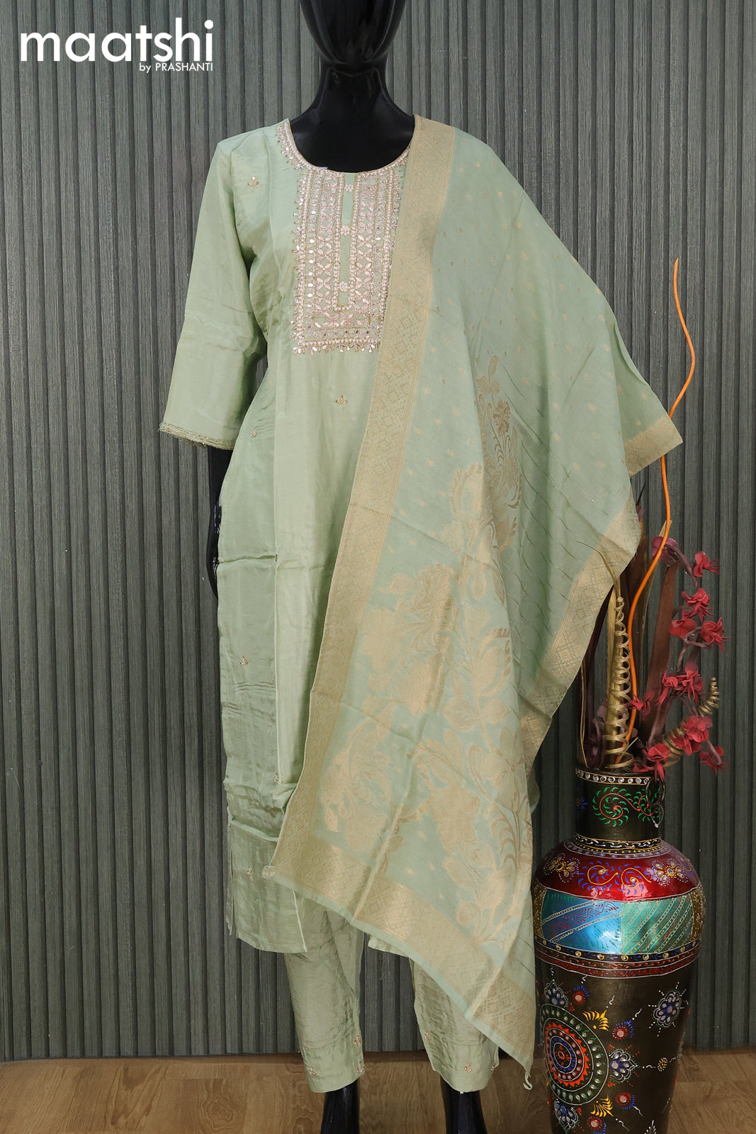Raw silk readymade Festive wear salwar suit pastel green with embroidery & beaded work neck pattern and straight cut pant & dupatta