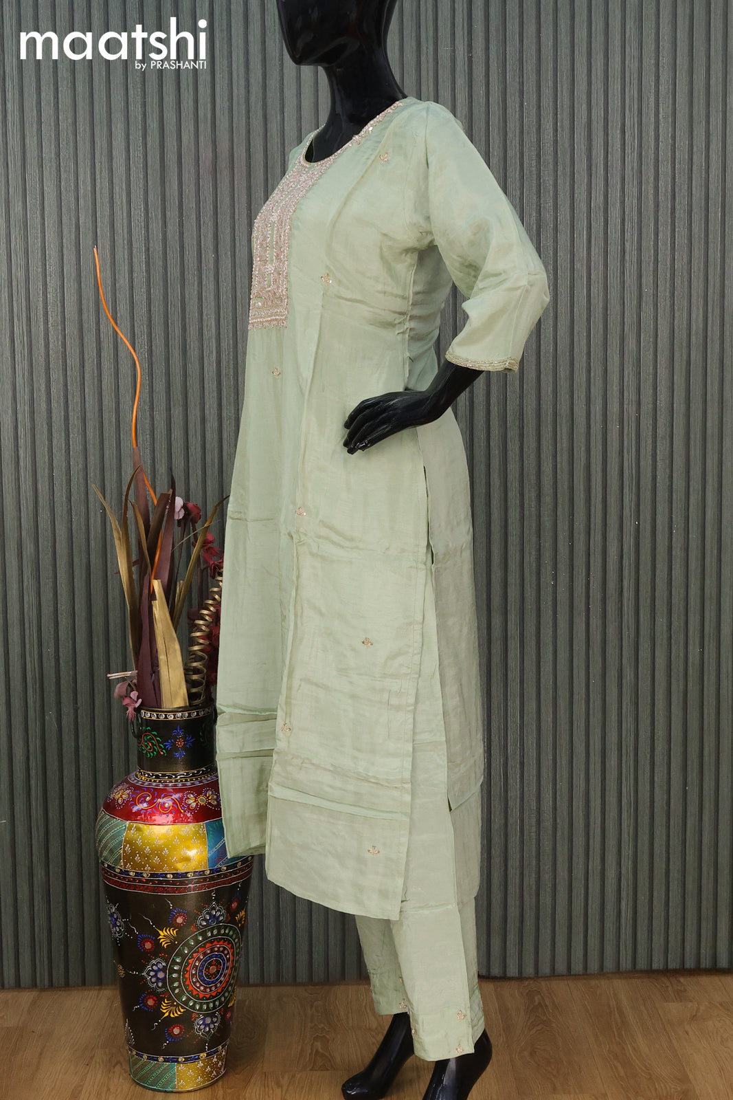 Raw silk readymade Festive wear salwar suit pastel green with embroidery & beaded work neck pattern and straight cut pant & dupatta