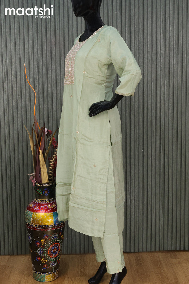 Raw silk readymade party wear salwar suit pastel green with embroidery & beaded work neck pattern and straight cut pant & dupatta