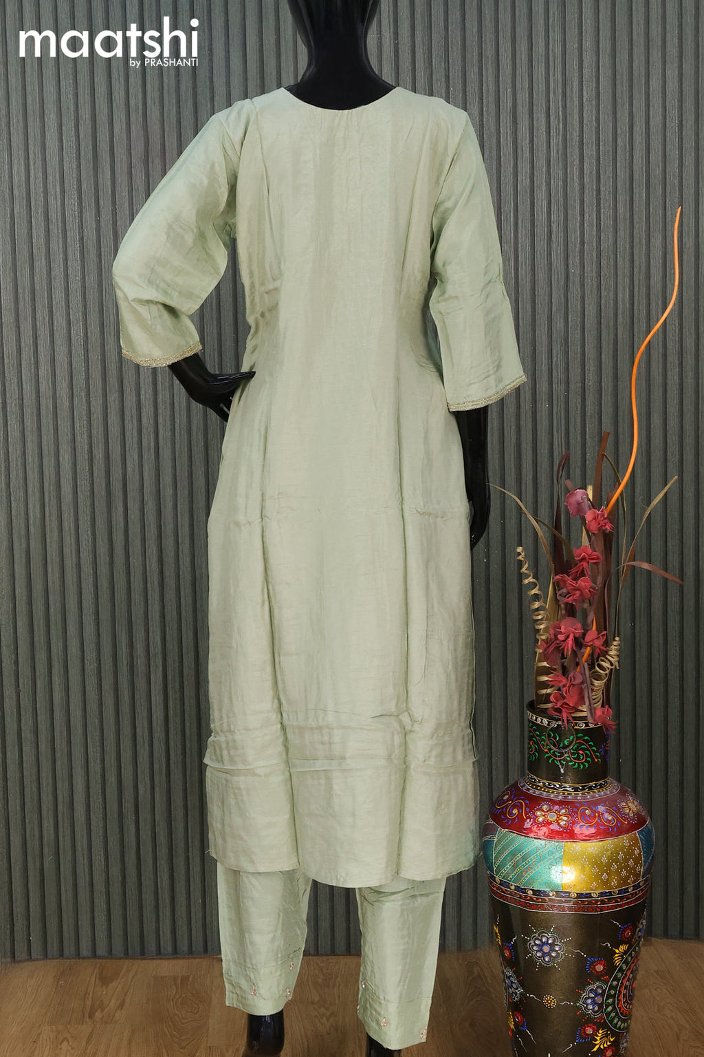 Raw silk readymade Festive wear salwar suit pastel green with embroidery & beaded work neck pattern and straight cut pant & dupatta
