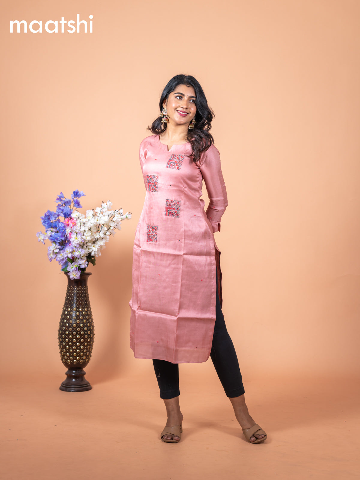Chanderi readymade kurti pastel peach with mirror & french knot work without pant