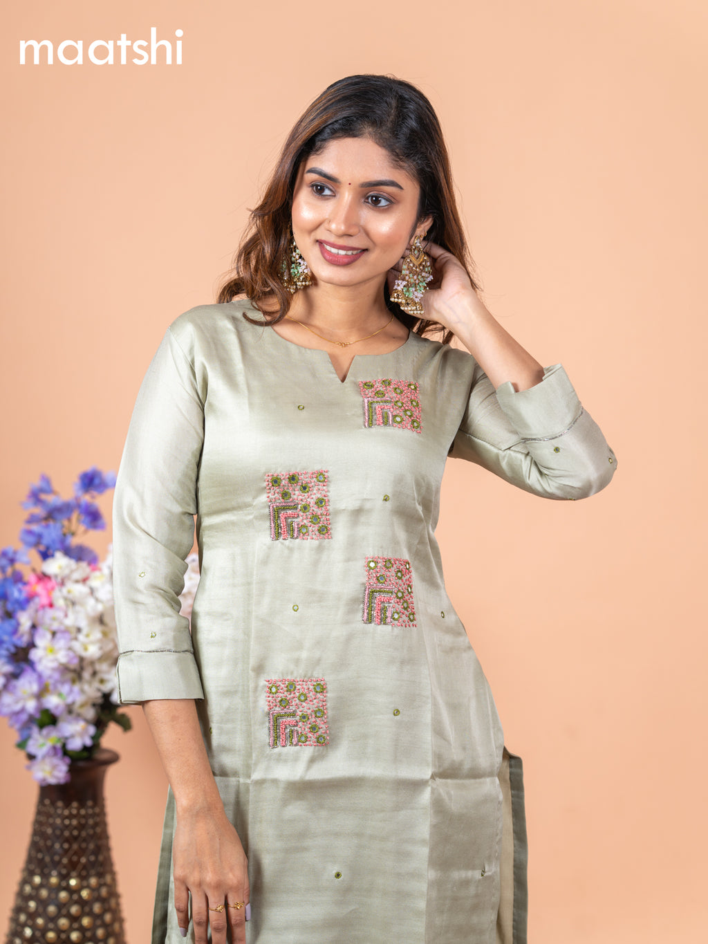 Chanderi readymade kurti pastel green with mirror & french knot work without pant