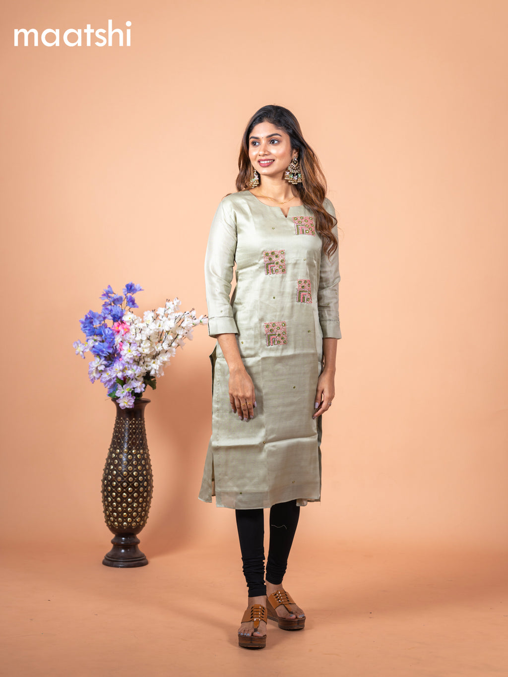 Chanderi readymade kurti pastel green with mirror & french knot work without pant