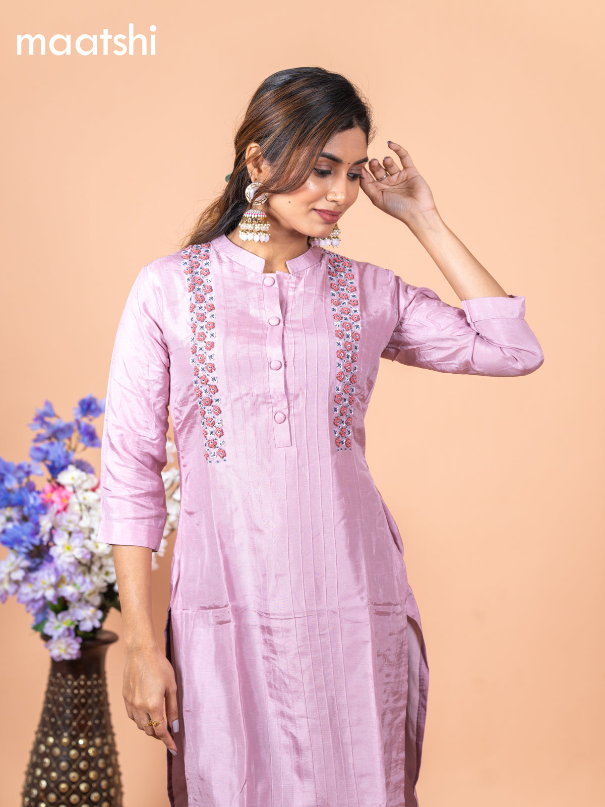 Chanderi readymade kurti pastel pink with allover french knot beaded/ work neck pattern without pant