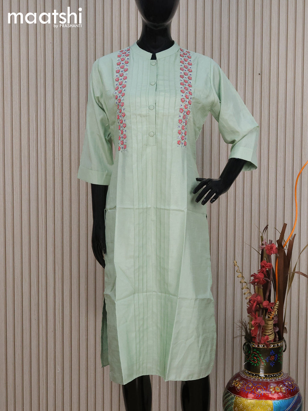 Chanderi readymade kurti teal green shade with allover french knot beaded work neck pattern without pant