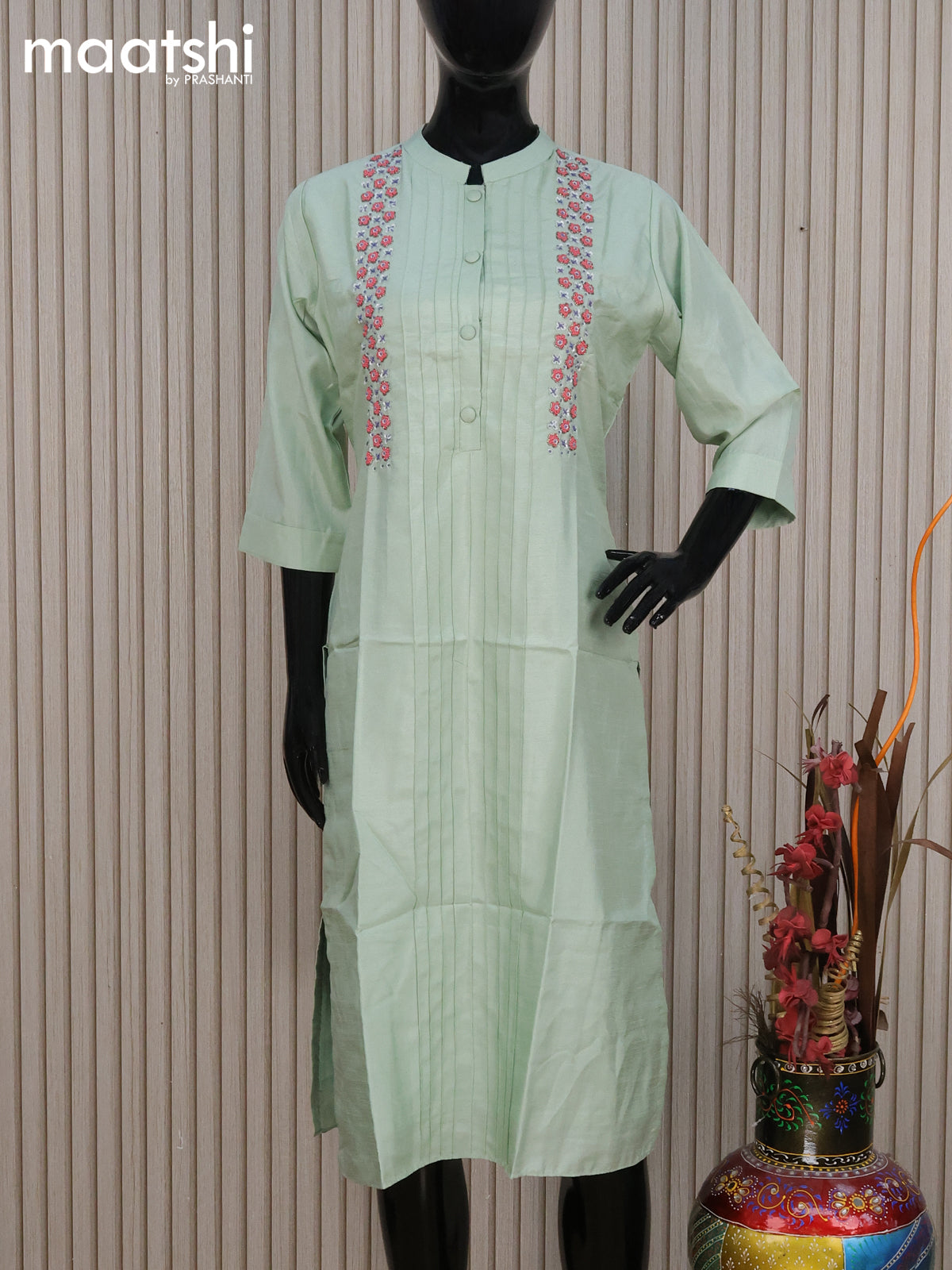 Chanderi readymade kurti teal green shade with allover french knot beaded work neck pattern without pant