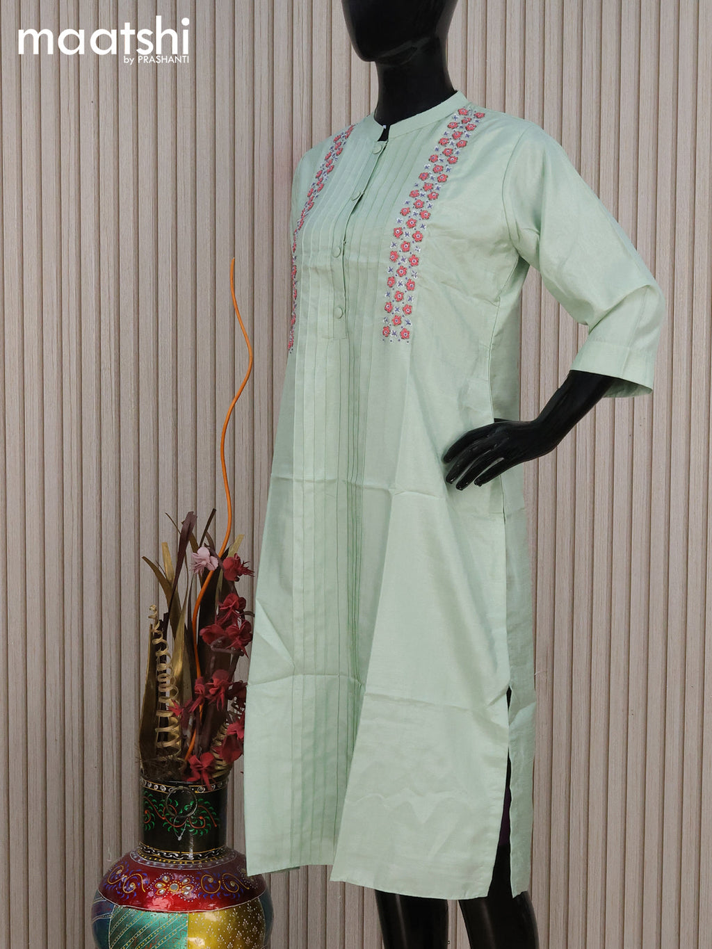 Chanderi readymade kurti teal green shade with allover french knot beaded work neck pattern without pant