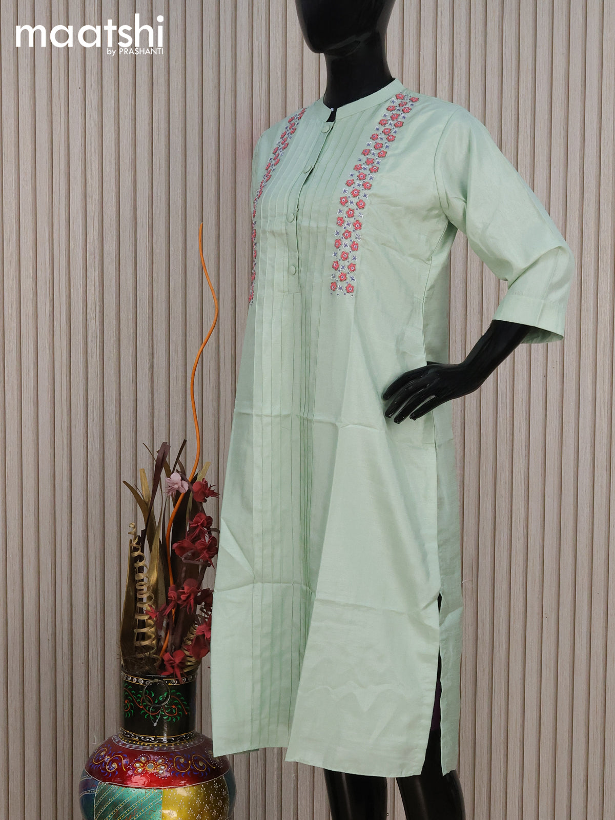 Chanderi readymade kurti teal green shade with allover french knot beaded work neck pattern without pant