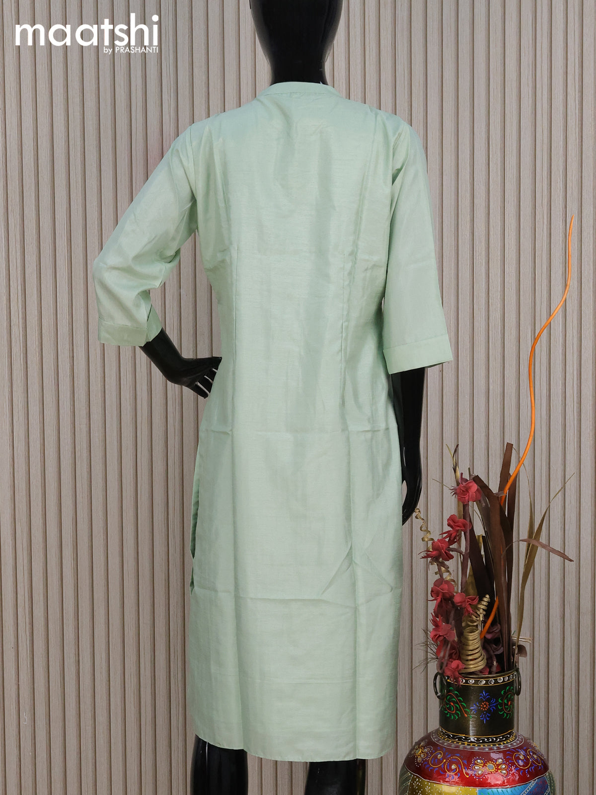 Chanderi readymade kurti teal green shade with allover french knot beaded work neck pattern without pant