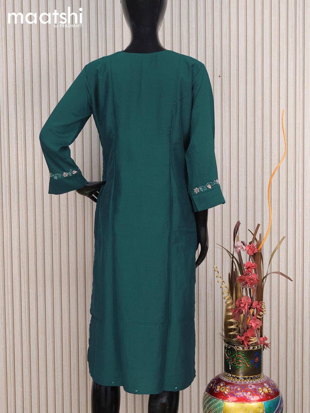 Muslin readymade kurti dark peacock green with beaded zardosi work neck pattern without pant