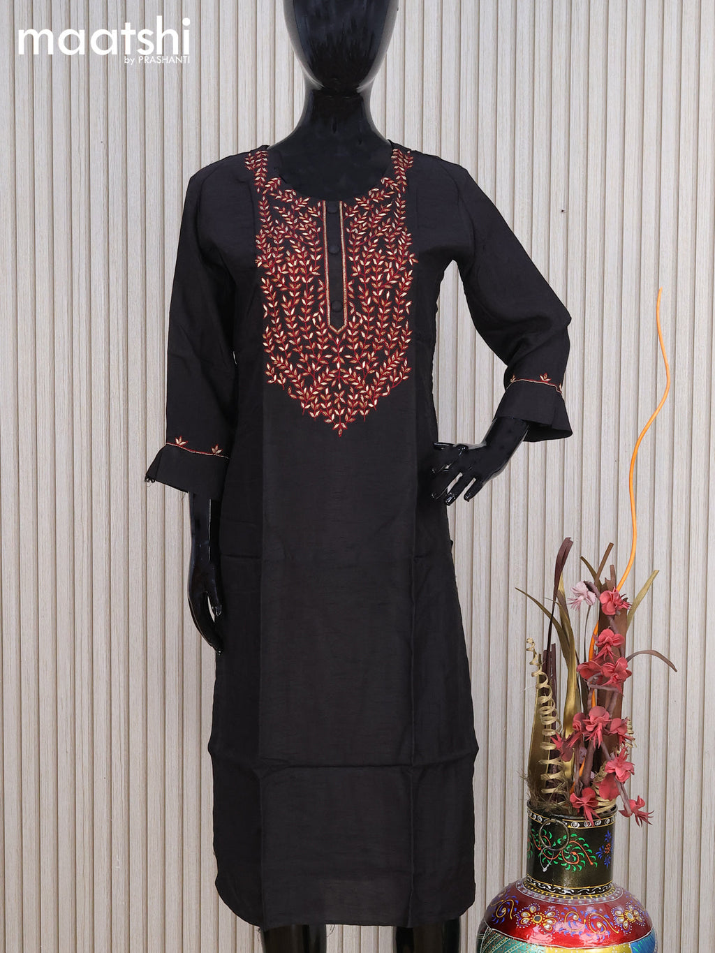 Chanderi readymade kurti black with embroidery sequin work neck pattern without pant