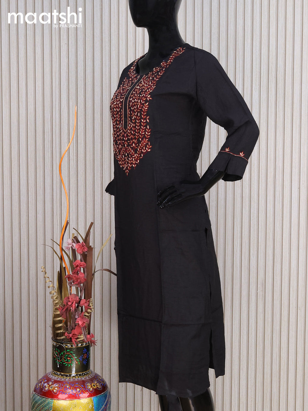 Chanderi readymade kurti black with embroidery sequin work neck pattern without pant