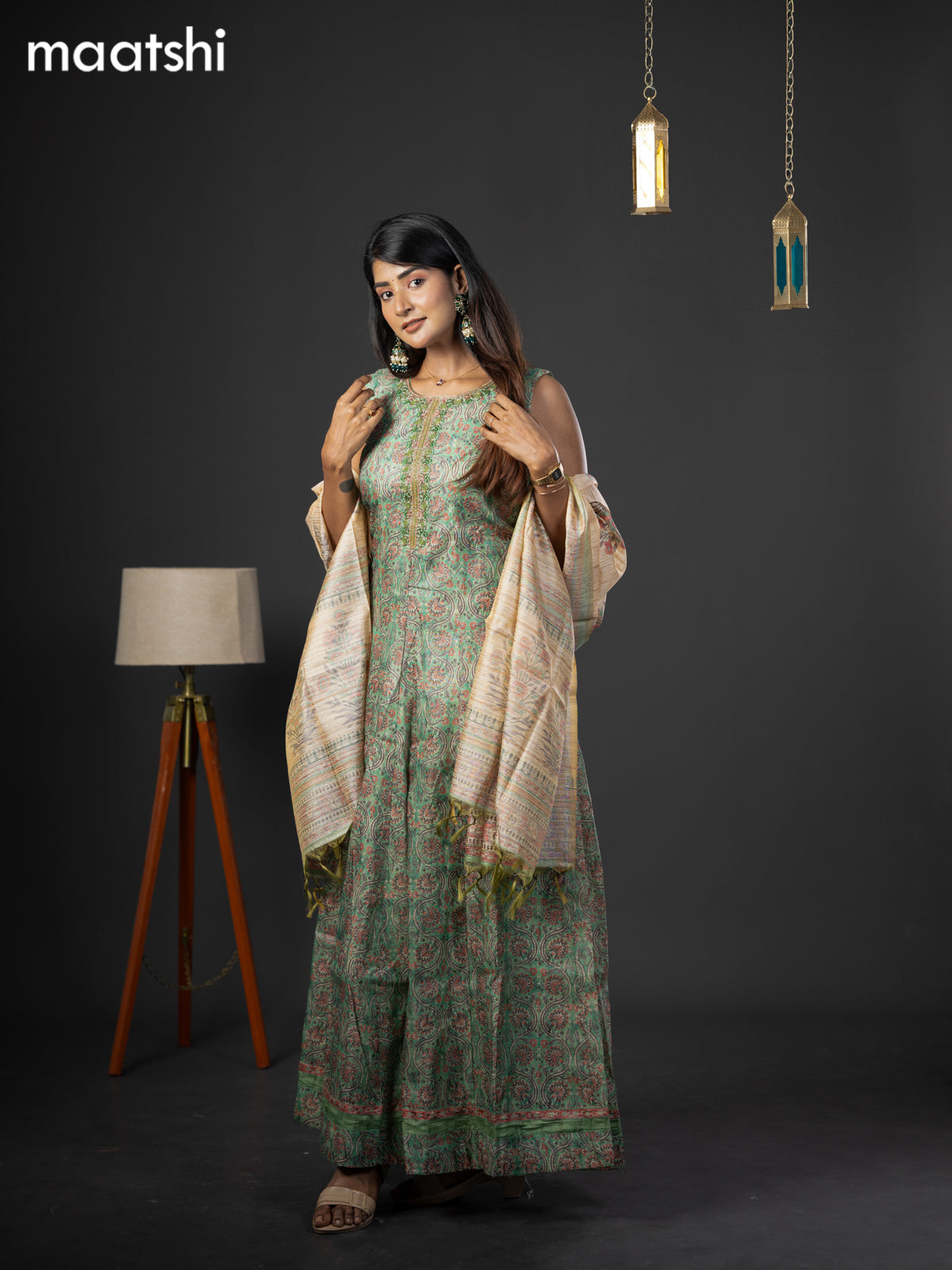 Chanderi readymade anarkali salwar suit green with allover kalamkari prints & zardosi beaded work neck pattern and straight cut pant & dupatta sleeve attached
