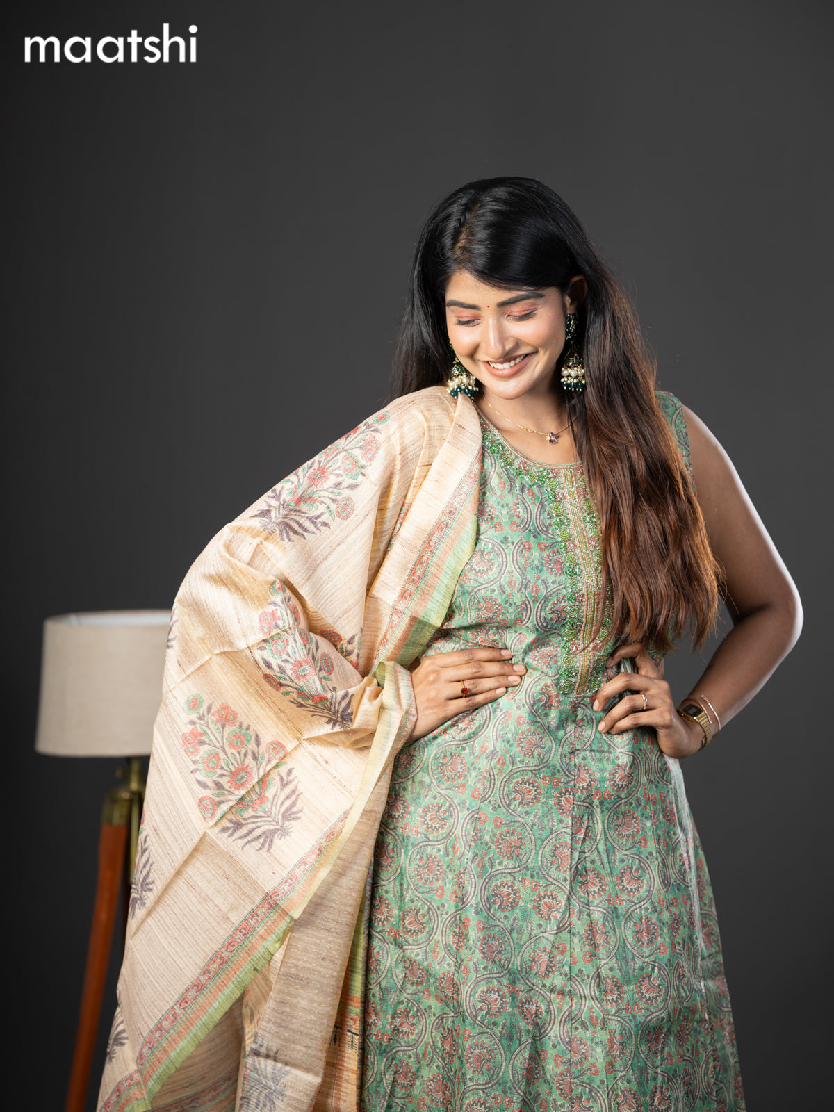 Chanderi readymade anarkali salwar suit green with allover kalamkari prints & zardosi beaded work neck pattern and straight cut pant & dupatta sleeve attached