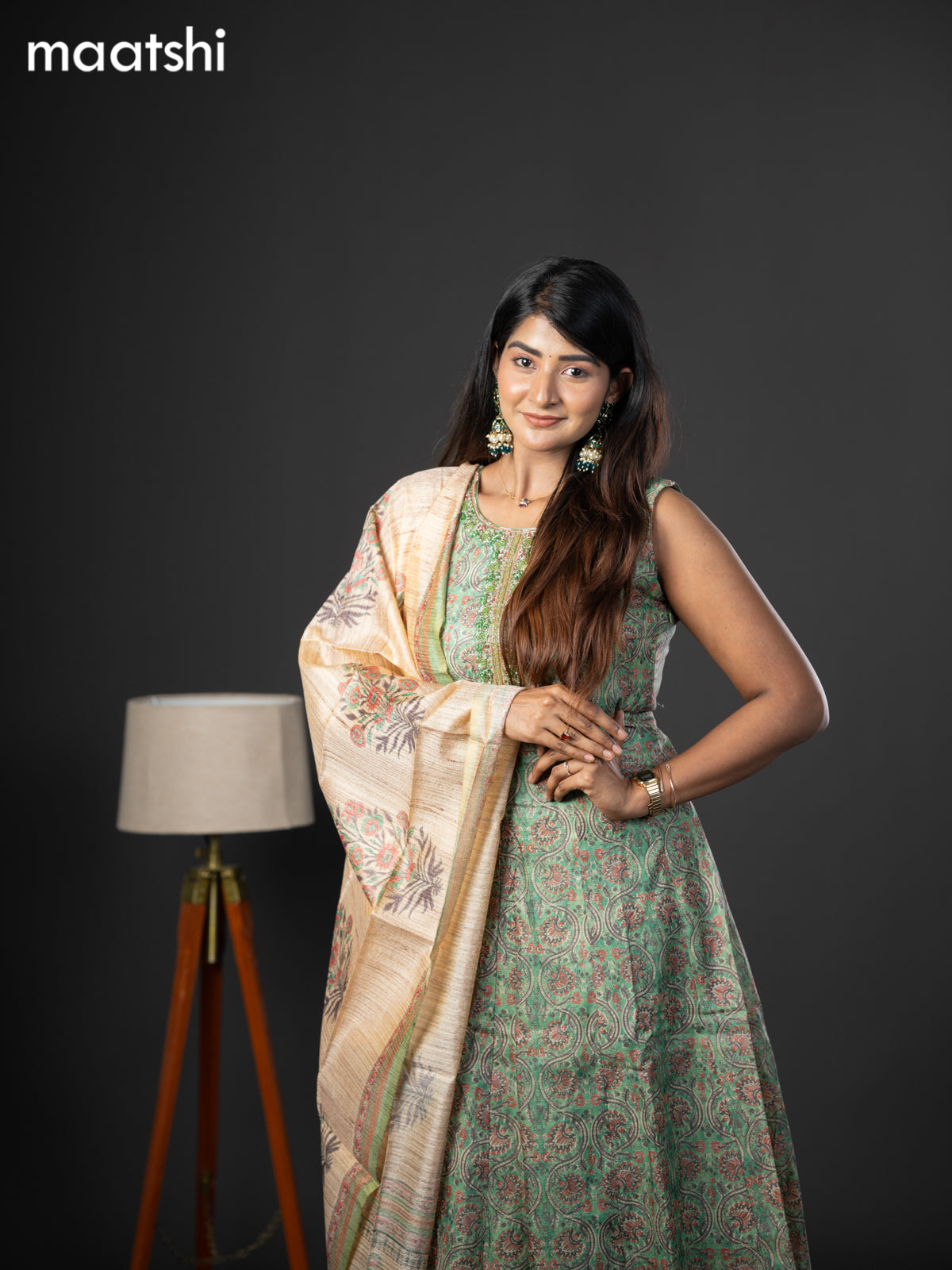 Chanderi readymade anarkali salwar suit green with allover kalamkari prints & zardosi beaded work neck pattern and straight cut pant & dupatta sleeve attached