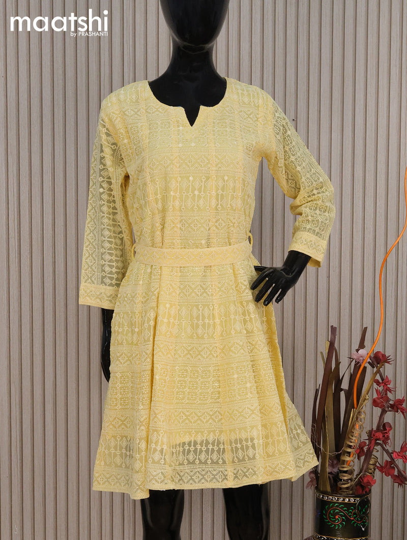 Semi georgette readymade tunic top yellow with allover chikankari work without pant