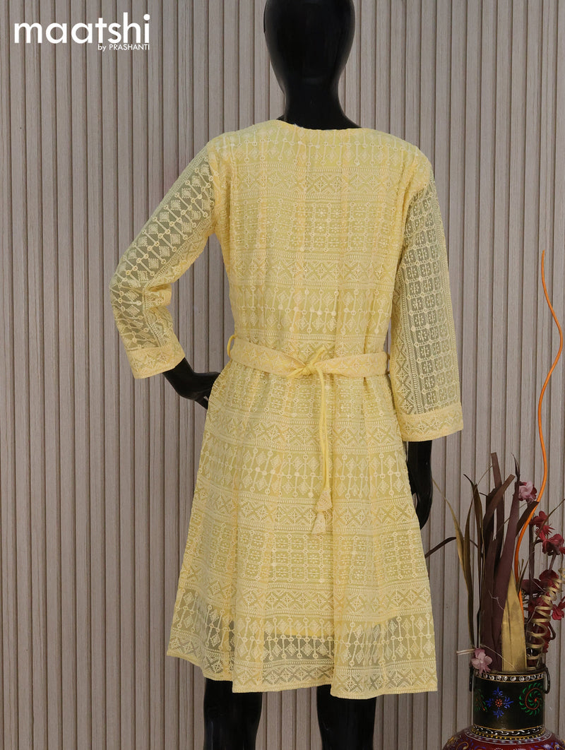 Semi georgette readymade tunic top yellow with allover chikankari work without pant
