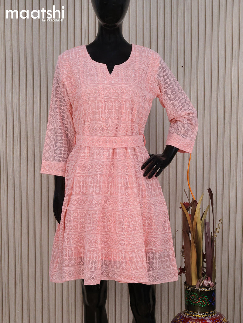 Semi georgette readymade tunic top peach pink with allover chikankari work without pant