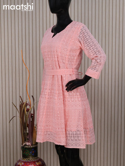 Semi georgette readymade tunic top peach pink with allover chikankari work without pant