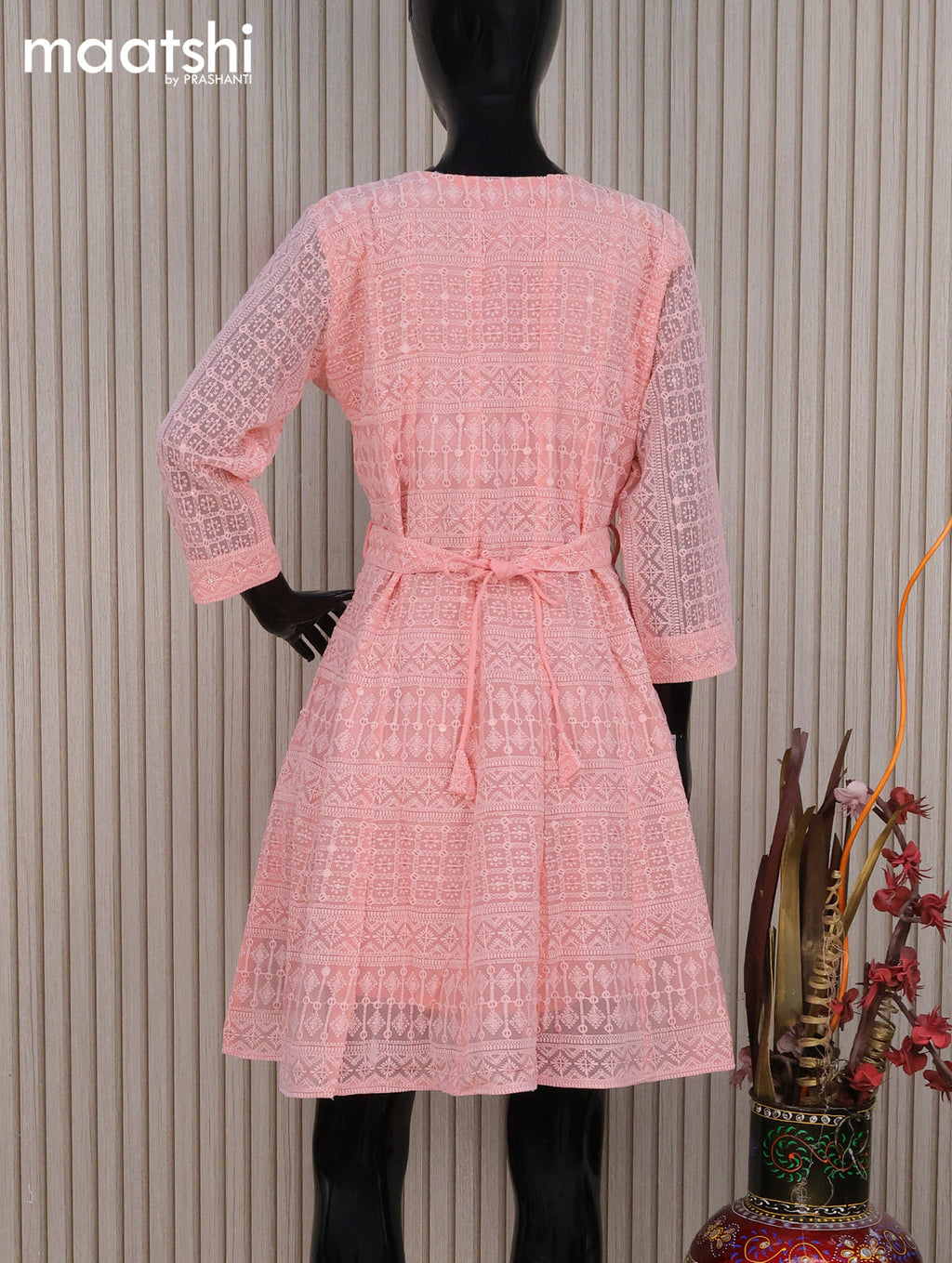 Semi georgette readymade tunic top peach pink with allover chikankari work without pant