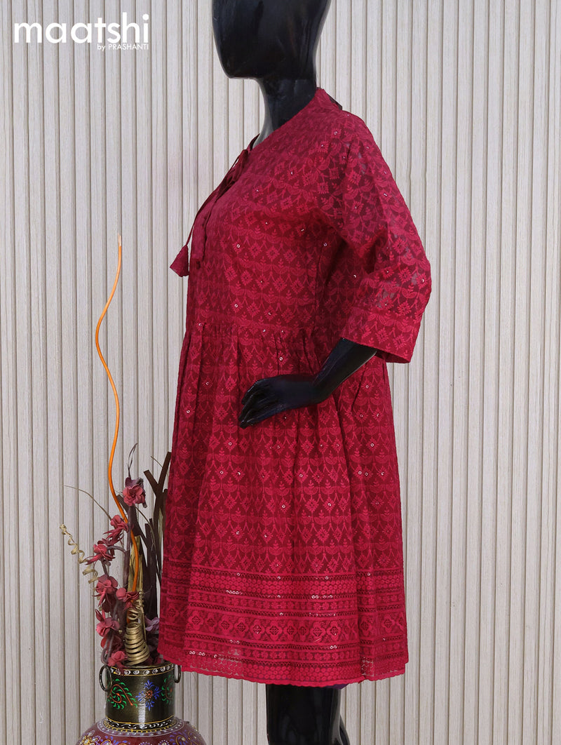 Semi georgette readymade tunic top maroon with allover chikankari work without pant