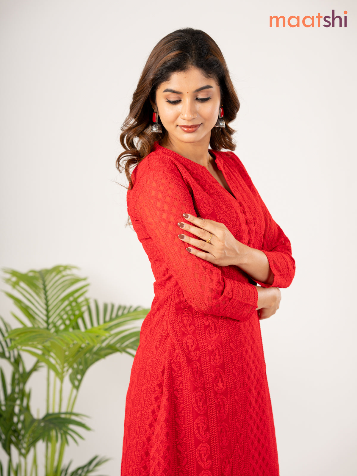 Semi georgette kurti red with allover chikankari work without pant