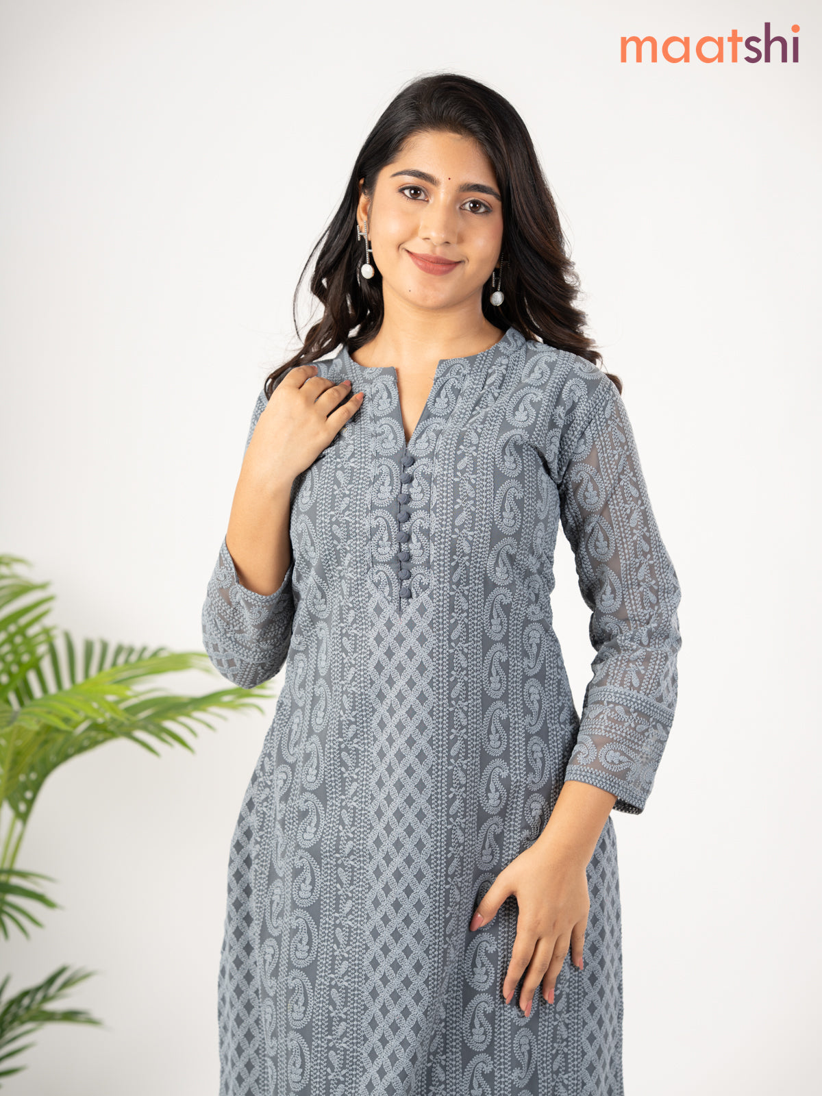 Semi georgette kurti elephant grey with allover chikankari work without pant