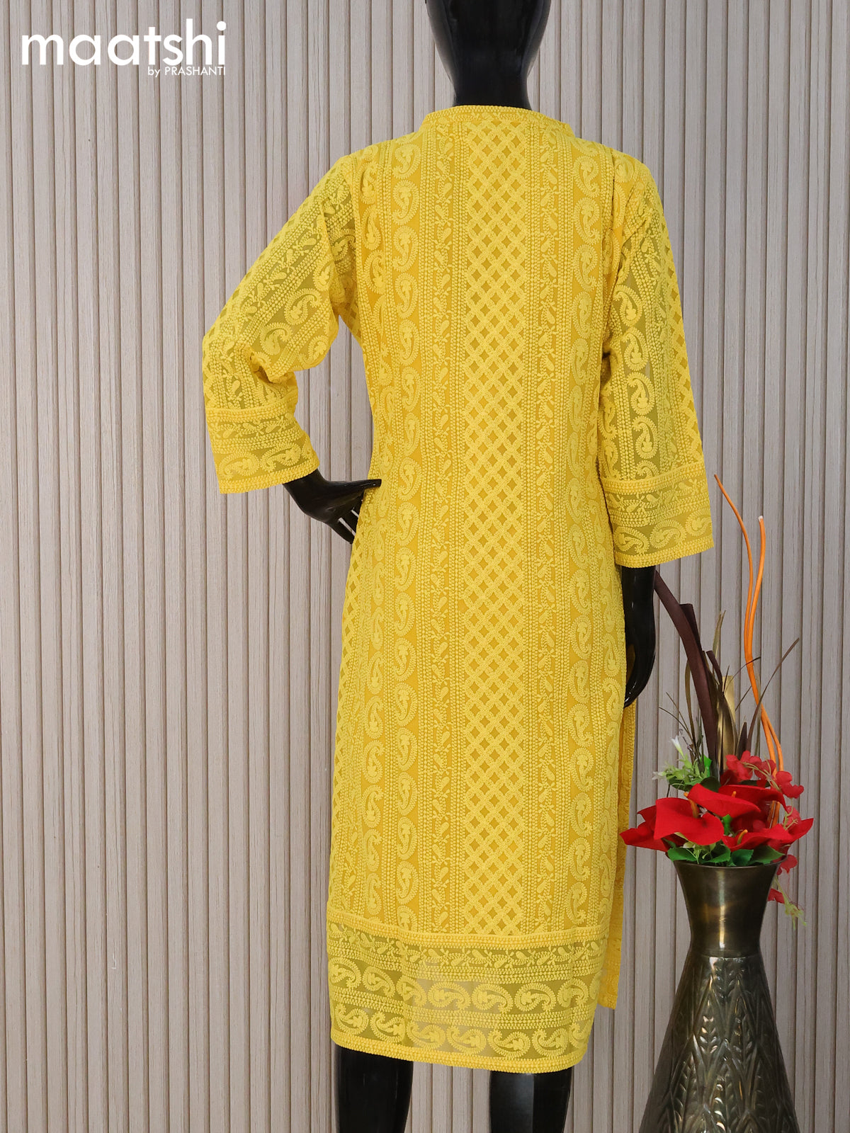 Semi georgette readymade kurti mustard yellow with allover chikankari work without pant