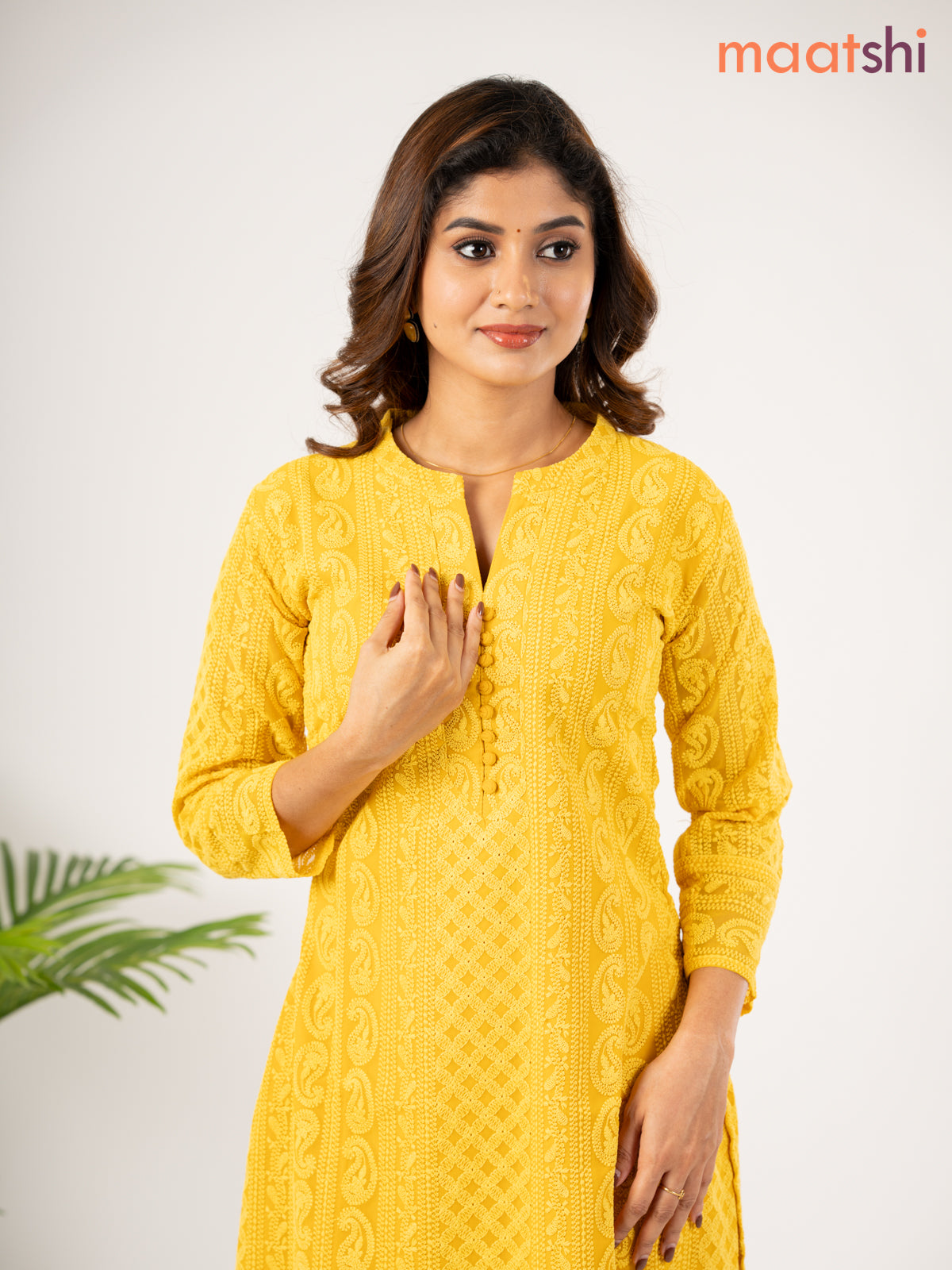Semi georgette kurti mustard yellow with allover chikankari work without pant