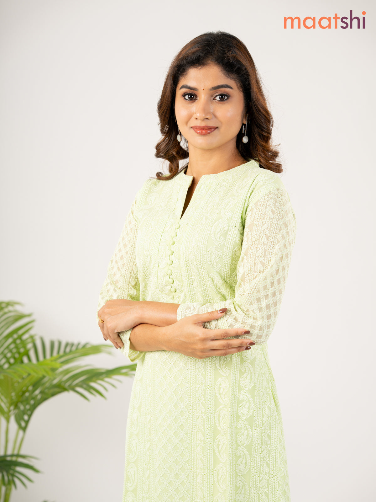 Semi georgette kurti pista green with allover chikankari work without pant