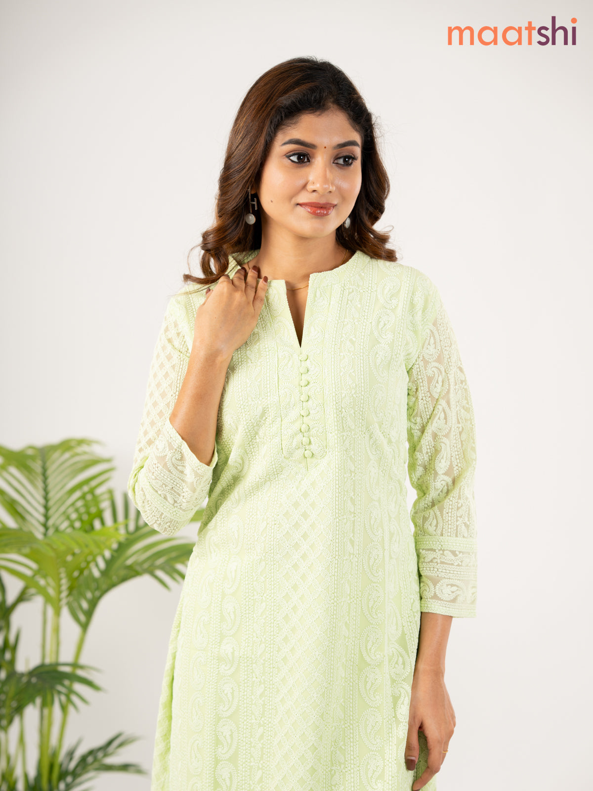 Semi georgette kurti pista green with allover chikankari work without pant