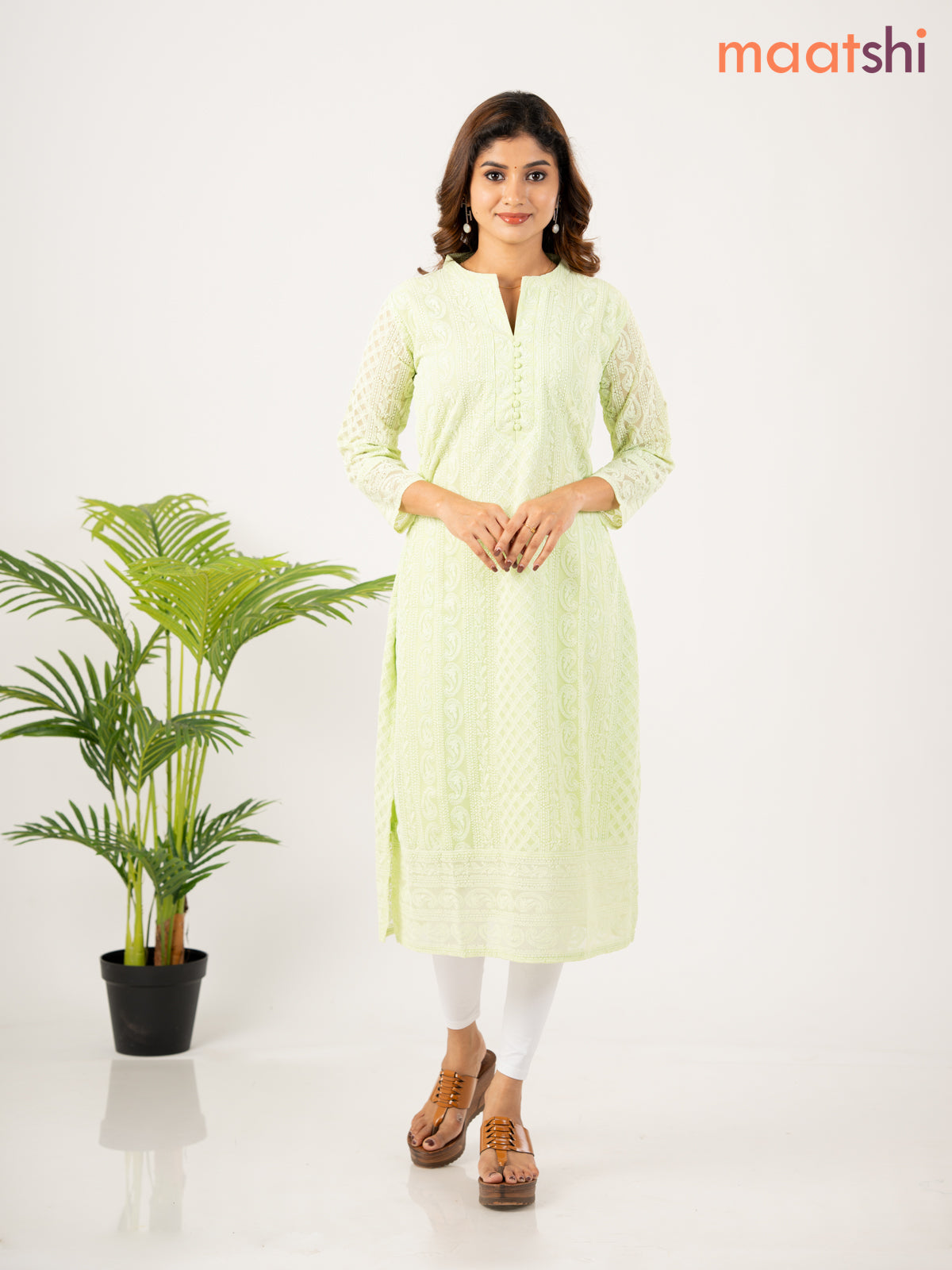 Semi georgette kurti pista green with allover chikankari work without pant