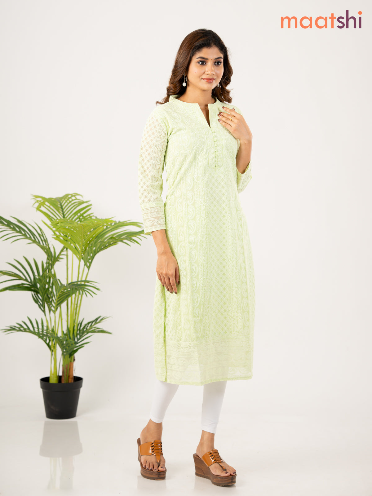 Semi georgette kurti pista green with allover chikankari work without pant