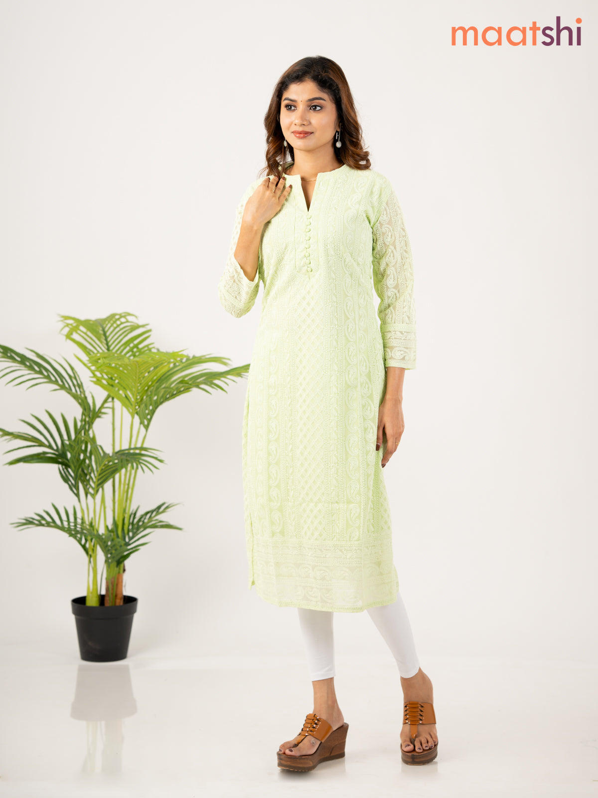 Semi georgette kurti pista green with allover chikankari work without pant
