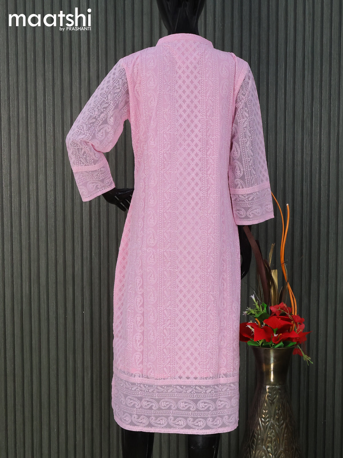 Semi georgette readymade kurti light pink with allover chikankari work without pant