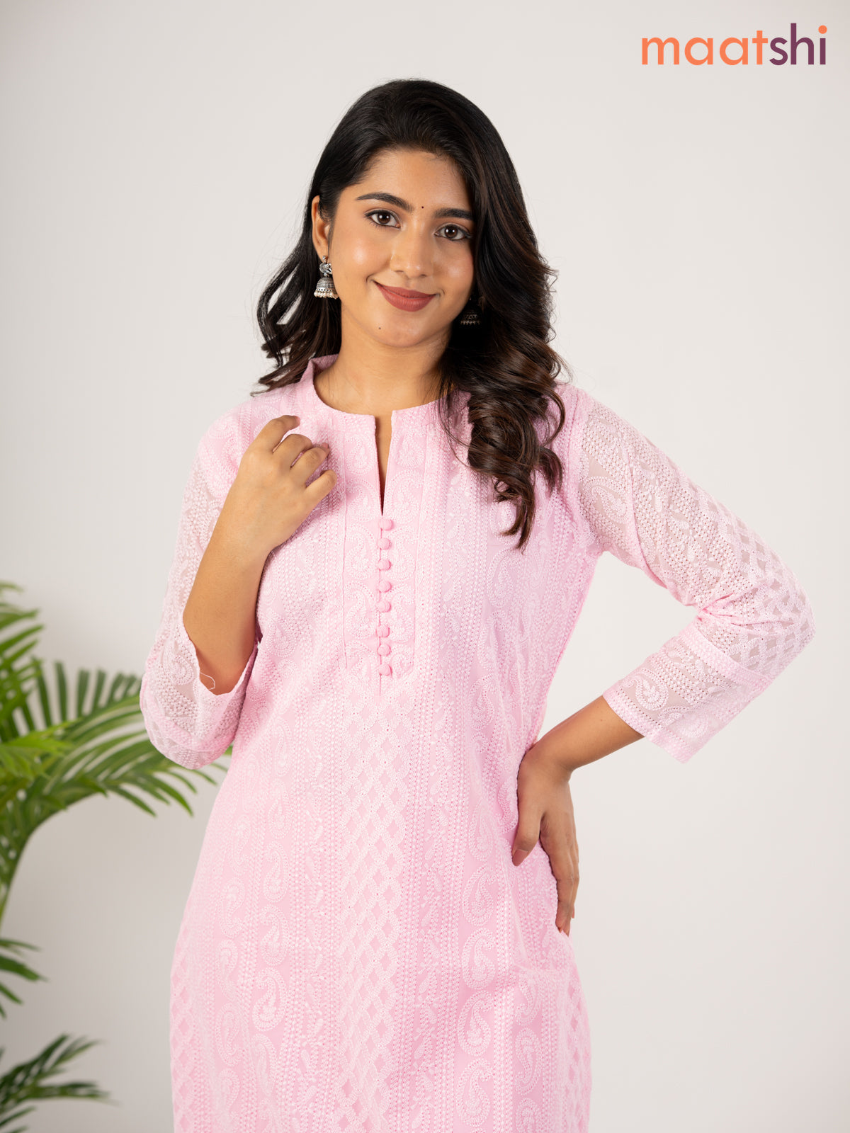 Semi georgette kurti light pink with allover chikankari work without pant