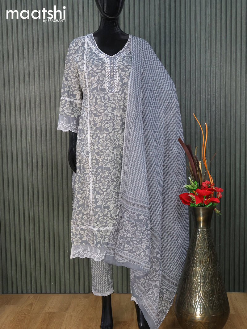 Cotton readymade salwar suit grey with allover floral prints & mirror lace work neck pattern and straight cut pant & dupatta