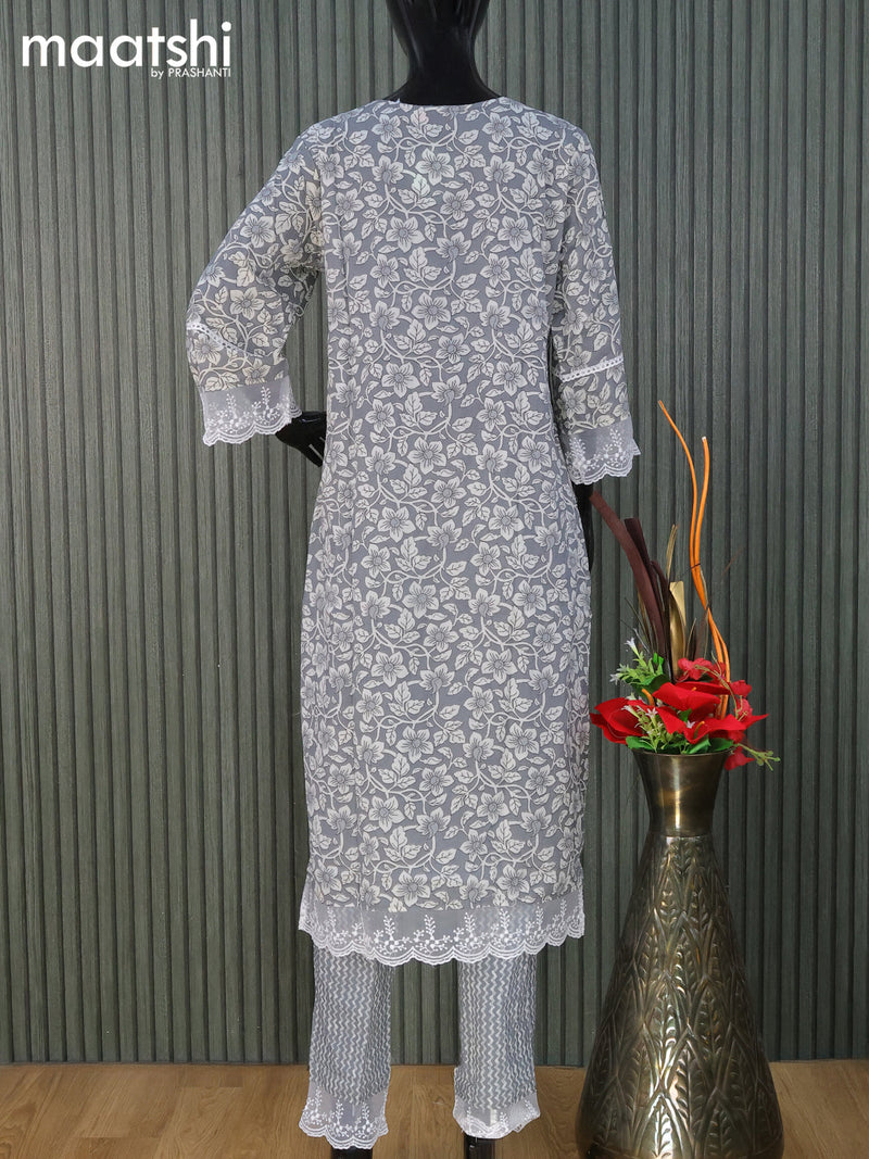 Cotton readymade salwar suit grey with allover floral prints & mirror lace work neck pattern and straight cut pant & dupatta