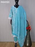 Cotton readymade salwar suit teal blue with allover floral prints & mirror lace work neck pattern and straight cut pant & dupatta