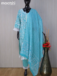 Cotton readymade salwar suit teal blue with allover floral prints & mirror lace work neck pattern and straight cut pant & dupatta