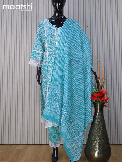 Cotton readymade salwar suit teal blue with allover floral prints & mirror lace work neck pattern and straight cut pant & dupatta