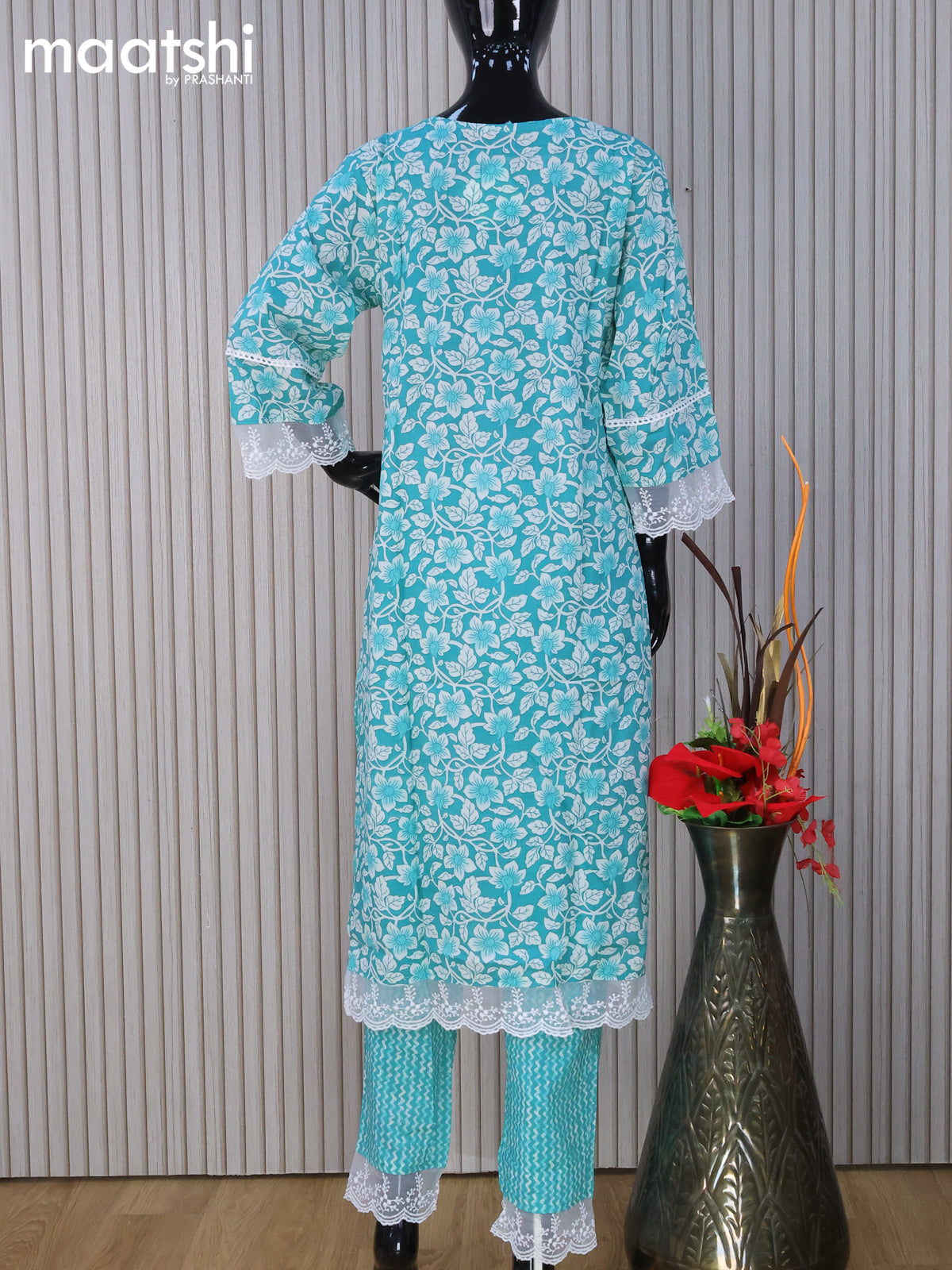 Cotton readymade salwar suit teal blue with allover floral prints & mirror lace work neck pattern and straight cut pant & dupatta